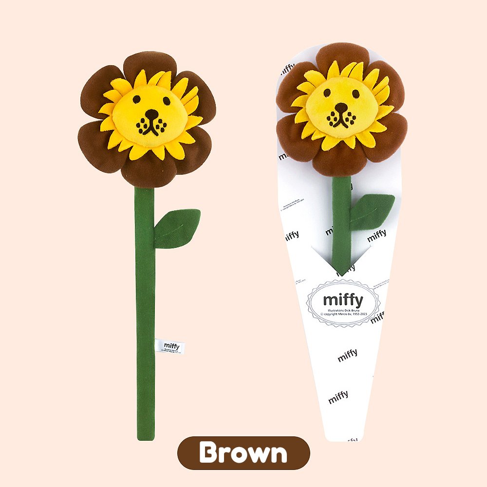 A collection of Miffy Friends Lion Flower Plush stuffed animals in various colors, each designed to look like a flower with animal faces in the center.