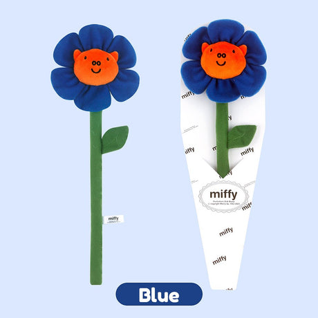 A collection of Miffy Friends Poppy_Pig Flower Plush stuffed animals in various colors, each designed to look like a flower with animal faces in the center.