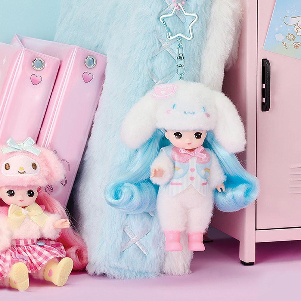Cinnamoroll Little Mimi doll with fluffy white and blue hair in front of a pink locker.