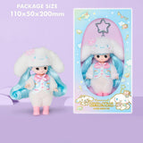 Officially licensed Sanrio and Little Mimi Collaboration Doll Keychain Collection featuring a blonde mini doll wearing a fuzzy white Cinnamoroll plush hat decorated with a pink teacup icon, a pastel blue and white striped vest with pink hearts and rainbow graphics, and pink boots, attached to a silver star shaped metal clasp over a pale yellow background, ideal for adult kidult collectors as a cute aesthetic backpack charm or nostalgic collectible accessory.