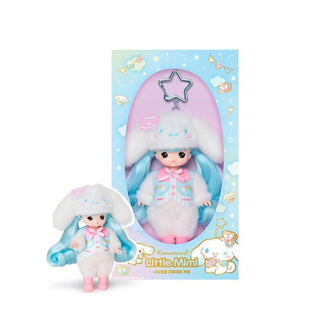 Officially licensed Sanrio and Little Mimi Collaboration Doll Keychain Collection featuring a blonde mini doll wearing a fuzzy white Cinnamoroll plush hat decorated with a pink teacup icon, a pastel blue and white striped vest with pink hearts and rainbow graphics, and pink boots, attached to a silver star shaped metal clasp over a pale yellow background, ideal for adult kidult collectors as a cute aesthetic backpack charm or nostalgic collectible accessory.