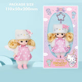 Officially licensed Sanrio and Little Mimi Collaboration Doll Keychain Collection featuring a blonde mini doll wearing a fuzzy white Hello Kitty hat with a pink bow, a pink satin dress with white heart patterns, white angel wings, and pink boots, attached to a pink star shaped metal clasp, ideal for adult kidult collectors as a cute aesthetic backpack charm or nostalgic collectible accessory.