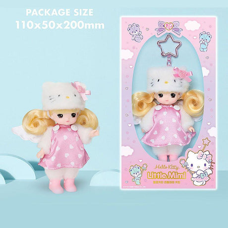 Officially licensed Sanrio and Little Mimi Collaboration Doll Keychain Collection featuring a blonde mini doll wearing a fuzzy white Hello Kitty hat with a pink bow, a pink satin dress with white heart patterns, white angel wings, and pink boots, attached to a pink star shaped metal clasp, ideal for adult kidult collectors as a cute aesthetic backpack charm or nostalgic collectible accessory.