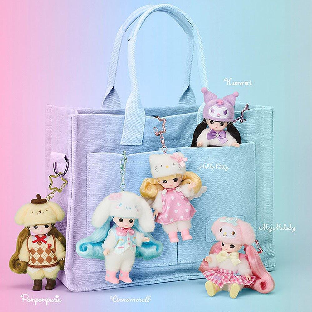 Officially licensed Sanrio and Little Mimi Collaboration Doll Keychain Collection featuring Hello Kitty, My Melody, Cinnamoroll, Kuromi, and Pompompurin each wearing a character theme hat and  attached to a star shaped metal clasp, ideal for adult kidult collectors as a cute aesthetic backpack charm or nostalgic collectible accessory.