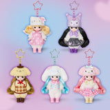 Officially licensed Sanrio and Little Mimi Collaboration Doll Keychain Collection featuring Hello Kitty, My Melody, Cinnamoroll, Kuromi, and Pompompurin each wearing a character theme hat and  attached to a star shaped metal clasp, ideal for adult kidult collectors as a cute aesthetic backpack charm or nostalgic collectible accessory.