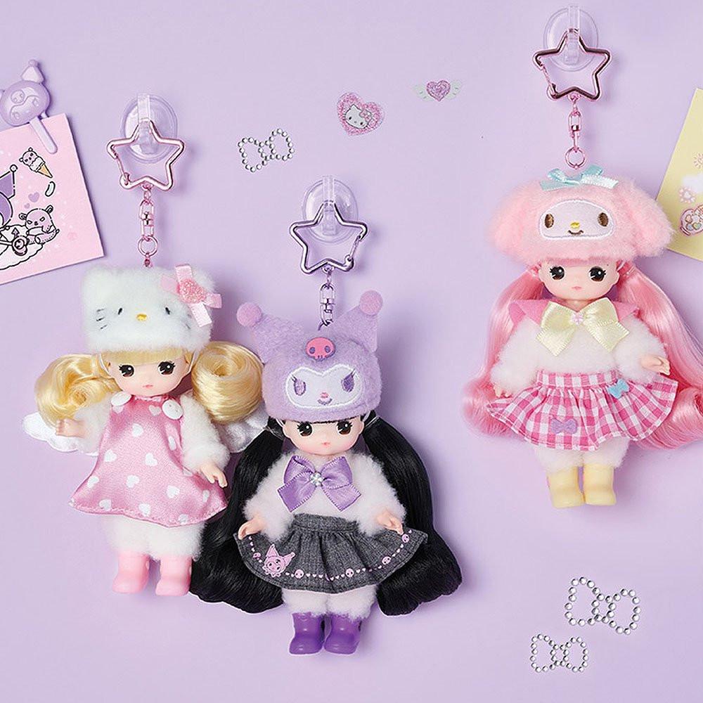 Officially licensed Sanrio and Little Mimi Collaboration Doll Keychain Collection featuring Hello Kitty, My Melody, and Kuromi, each wearing a character theme hat and  attached to a star shaped metal clasp, ideal for adult kidult collectors as a cute aesthetic backpack charm or nostalgic collectible accessory.