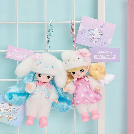 Officially licensed Sanrio and Little Mimi Collaboration Doll Keychain Collection featuring Hello Kitty and Cinnamoroll, each wearing a character theme hat and attached to a star shaped metal clasp, ideal for adult kidult collectors as a cute aesthetic backpack charm or nostalgic collectible accessory.