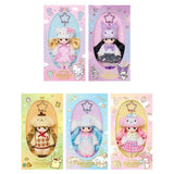Officially licensed Sanrio and Little Mimi Collaboration Doll Keychain Collection featuring Hello Kitty, My Melody, Cinnamoroll, Kuromi, and Pompompurin each wearing a character theme hat and  attached to a star shaped metal clasp, ideal for adult kidult collectors as a cute aesthetic backpack charm or nostalgic collectible accessory.