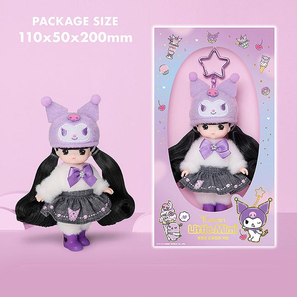 Officially licensed Sanrio and Little Mimi Collaboration Doll Keychain Collection featuring a blonde mini doll wearing a fuzzy lavender purple Kuromi plush hat with a pink skull emblem, a white fuzzy top with a purple satin bow tie, a dark grey denim skirt decorated with Kuromi graphics, and purple boots, attached to a purple metal clasp over a pink background, ideal for adult kidult collectors as a cute aesthetic backpack charm or nostalgic collectible accessory.