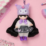 Officially licensed Sanrio and Little Mimi Collaboration Doll Keychain Collection featuring a blonde mini doll wearing a fuzzy lavender purple Kuromi plush hat with a pink skull emblem, a white fuzzy top with a purple satin bow tie, a dark grey denim skirt decorated with Kuromi graphics, and purple boots, attached to a purple metal clasp over a pink background, ideal for adult kidult collectors as a cute aesthetic backpack charm or nostalgic collectible accessory.