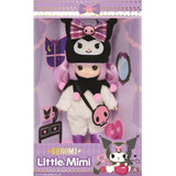 Officially licensed Sanrio and Little Mimi Collaboration Doll Collection featuring Kuromi doll featuring a blonde mini doll with curly purple hair wearing a fuzzy white Kuromi plush hat with a plaid purple bow and pink skull emblem, a white fuzzy jumpsuit with a black jester collar decorated with pink pom poms, purple boots, and a pink skull crossbody bag, ideal for adult kidult collectors and doll enthusiasts as a nostalgic rare collectible display piece. 