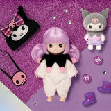 Officially licensed Sanrio and Little Mimi Collaboration Doll Collection featuring Kuromi doll featuring a blonde mini doll with curly purple hair wearing a fuzzy white Kuromi plush hat with a plaid purple bow and pink skull emblem, a white fuzzy jumpsuit with a black jester collar decorated with pink pom poms, purple boots, and a pink skull crossbody bag, ideal for adult kidult collectors and doll enthusiasts as a nostalgic rare collectible display piece. 