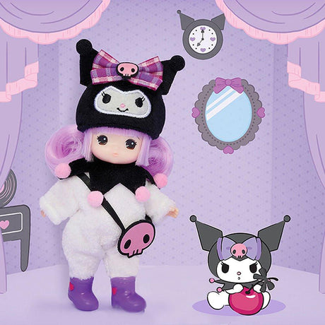 Officially licensed Sanrio and Little Mimi Collaboration Doll Collection featuring Kuromi doll featuring a blonde mini doll with curly purple hair wearing a fuzzy white Kuromi plush hat with a plaid purple bow and pink skull emblem, a white fuzzy jumpsuit with a black jester collar decorated with pink pom poms, purple boots, and a pink skull crossbody bag, ideal for adult kidult collectors and doll enthusiasts as a nostalgic rare collectible display piece. 