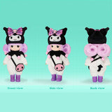 Front, side, and back views of the Officially licensed Sanrio and Little Mimi Collaboration Doll Collection featuring Kuromi doll featuring a blonde mini doll with curly purple hair wearing a fuzzy white Kuromi plush hat with a plaid purple bow and pink skull emblem, a white fuzzy jumpsuit with a black jester collar decorated with pink pom poms, purple boots, and a pink skull crossbody bag, ideal for adult kidult collectors and doll enthusiasts as a nostalgic rare collectible display piece. 