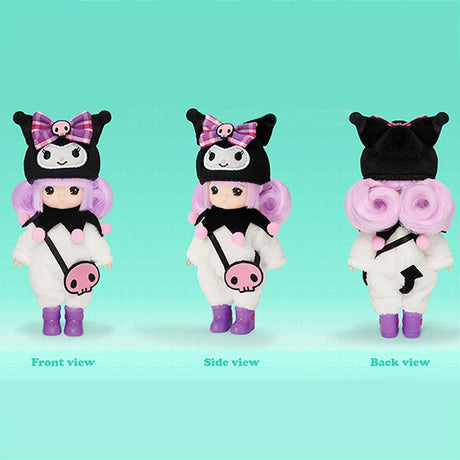 Front, side, and back views of the Officially licensed Sanrio and Little Mimi Collaboration Doll Collection featuring Kuromi doll featuring a blonde mini doll with curly purple hair wearing a fuzzy white Kuromi plush hat with a plaid purple bow and pink skull emblem, a white fuzzy jumpsuit with a black jester collar decorated with pink pom poms, purple boots, and a pink skull crossbody bag, ideal for adult kidult collectors and doll enthusiasts as a nostalgic rare collectible display piece. 