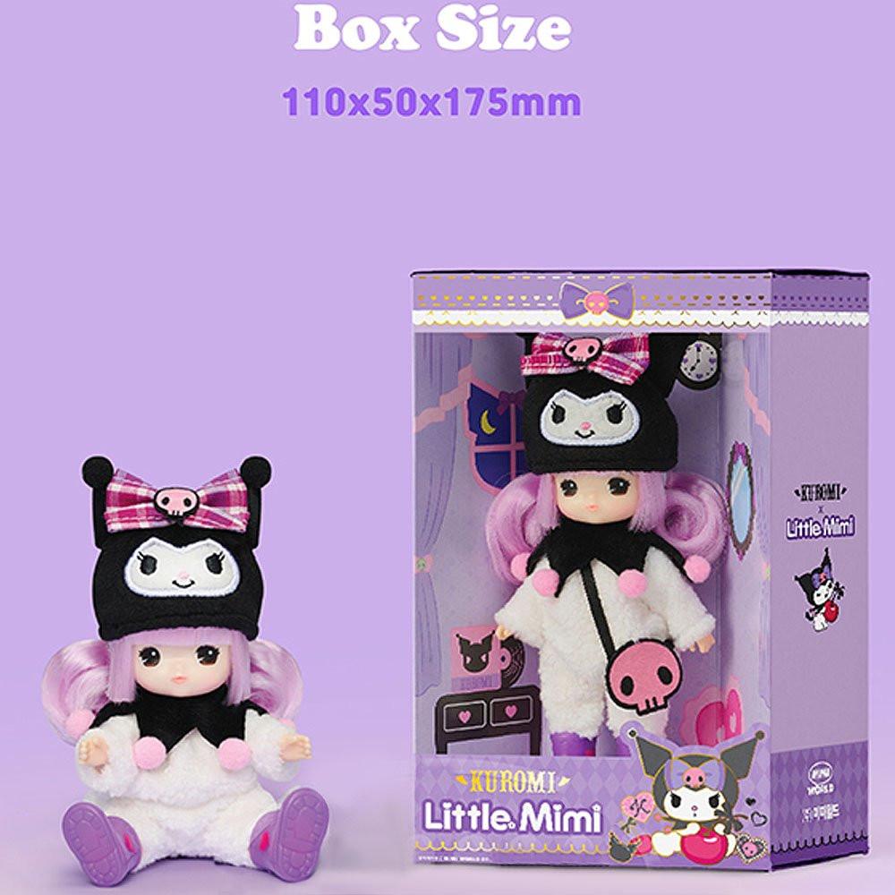 Officially licensed Sanrio and Little Mimi Collaboration Doll Collection featuring Kuromi doll featuring a blonde mini doll with curly purple hair wearing a fuzzy white Kuromi plush hat with a plaid purple bow and pink skull emblem, a white fuzzy jumpsuit with a black jester collar decorated with pink pom poms, purple boots, and a pink skull crossbody bag. Detailed box size measurement for the Official Little Mimi x Kuromi collectible doll; featuring 110x50x175mm dimensions in premium window box package.