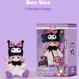 Officially licensed Sanrio and Little Mimi Collaboration Doll Collection featuring Kuromi doll featuring a blonde mini doll with curly purple hair wearing a fuzzy white Kuromi plush hat with a plaid purple bow and pink skull emblem, a white fuzzy jumpsuit with a black jester collar decorated with pink pom poms, purple boots, and a pink skull crossbody bag. Detailed box size measurement for the Official Little Mimi x Kuromi collectible doll; featuring 110x50x175mm dimensions in premium window box package.