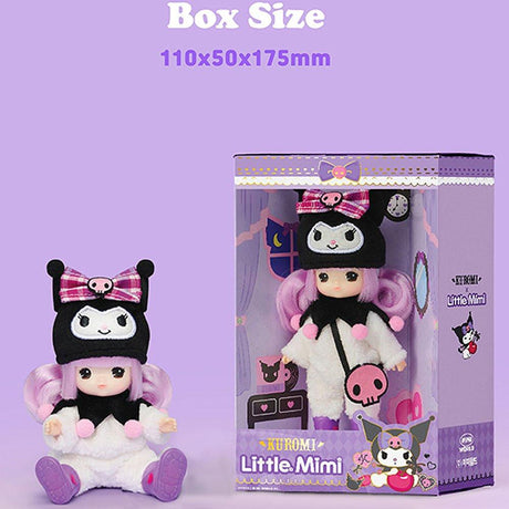 Officially licensed Sanrio and Little Mimi Collaboration Doll Collection featuring Kuromi doll featuring a blonde mini doll with curly purple hair wearing a fuzzy white Kuromi plush hat with a plaid purple bow and pink skull emblem, a white fuzzy jumpsuit with a black jester collar decorated with pink pom poms, purple boots, and a pink skull crossbody bag. Detailed box size measurement for the Official Little Mimi x Kuromi collectible doll; featuring 110x50x175mm dimensions in premium window box package.