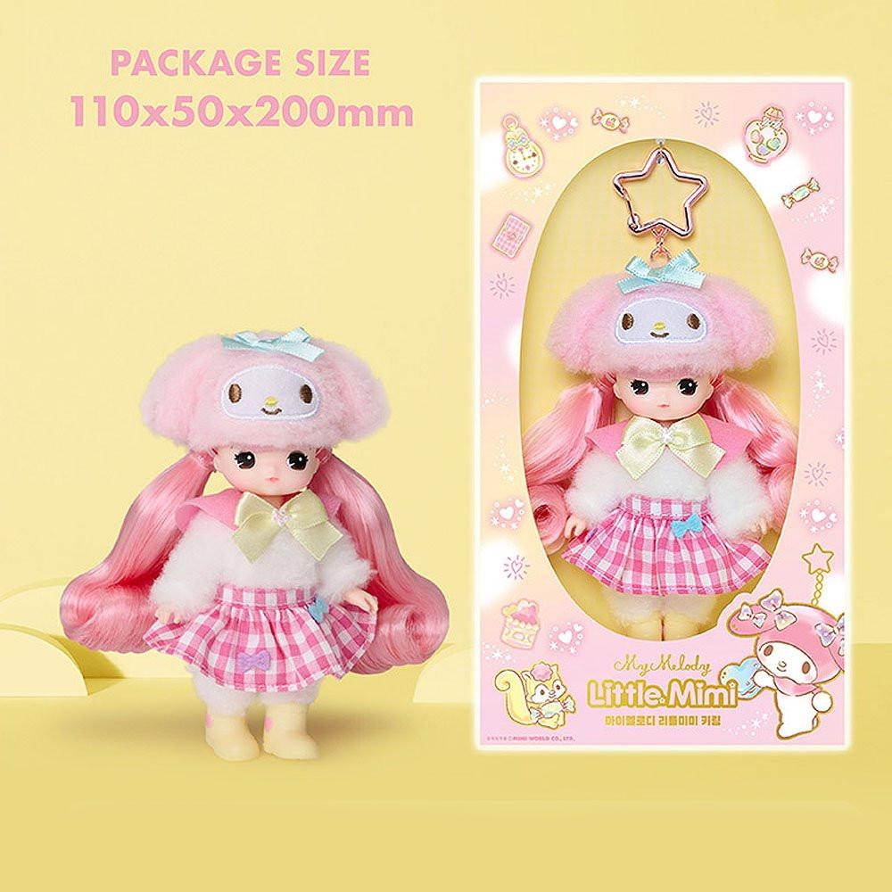 Officially licensed Sanrio and Little Mimi Collaboration Doll Keychain Collection featuring a blonde mini doll wearing a fuzzy pink My Melody hat with a light blue bow, a white fuzzy top with a large pastel yellow bow tie, a pink and white gingham checkered skirt, and yellow boots, attached to a pink star shaped metal clasp, ideal for adult kidult collectors as a cute aesthetic backpack charm or nostalgic collectible accessory.