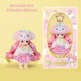 Officially licensed Sanrio and Little Mimi Collaboration Doll Keychain Collection featuring a blonde mini doll wearing a fuzzy pink My Melody hat with a light blue bow, a white fuzzy top with a large pastel yellow bow tie, a pink and white gingham checkered skirt, and yellow boots, attached to a pink star shaped metal clasp, ideal for adult kidult collectors as a cute aesthetic backpack charm or nostalgic collectible accessory.