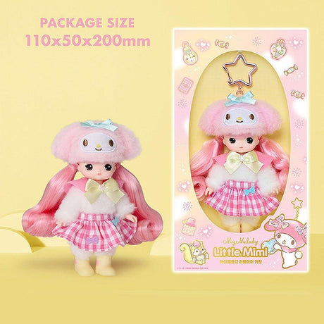 Officially licensed Sanrio and Little Mimi Collaboration Doll Keychain Collection featuring a blonde mini doll wearing a fuzzy pink My Melody hat with a light blue bow, a white fuzzy top with a large pastel yellow bow tie, a pink and white gingham checkered skirt, and yellow boots, attached to a pink star shaped metal clasp, ideal for adult kidult collectors as a cute aesthetic backpack charm or nostalgic collectible accessory.
