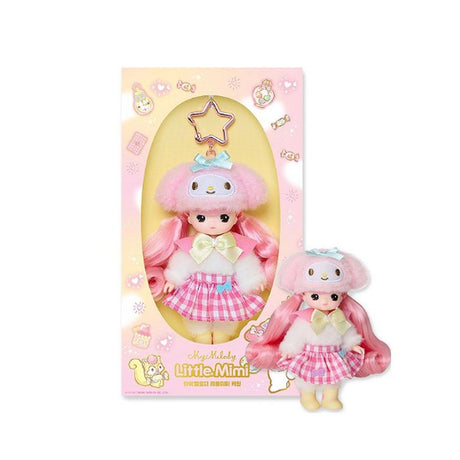 Officially licensed Sanrio and Little Mimi Collaboration Doll Keychain Collection featuring a blonde mini doll wearing a fuzzy pink My Melody hat with a light blue bow, a white fuzzy top with a large pastel yellow bow tie, a pink and white gingham checkered skirt, and yellow boots, attached to a pink star shaped metal clasp, ideal for adult kidult collectors as a cute aesthetic backpack charm or nostalgic collectible accessory.