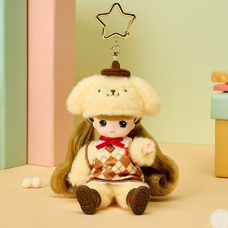 Little Mimi x Sanrio Pompompurin with a star-shaped keychain on a colorful background