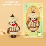 Officially licensed Sanrio and Little Mimi Collaboration Doll Keychain Collection featuring a blonde mini doll wearing a fuzzy yellow Pompompurin plush hat with a tiny brown beret, a brown and cream argyle patterned knit vest over a soft yellow top with a red ribbon bow collar, and brown boots, attached to a gold star shaped metal clasp, ideal for adult kidult collectors as a cute aesthetic backpack charm or nostalgic collectible accessory.