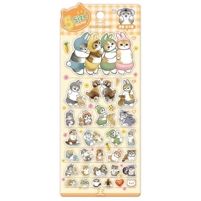 A sheet of officially licensed Mofusand stickers featuring various cats dressed in various animal costumes like bunnies and red pandas, organized by size from XL at the top to small at the bottom
