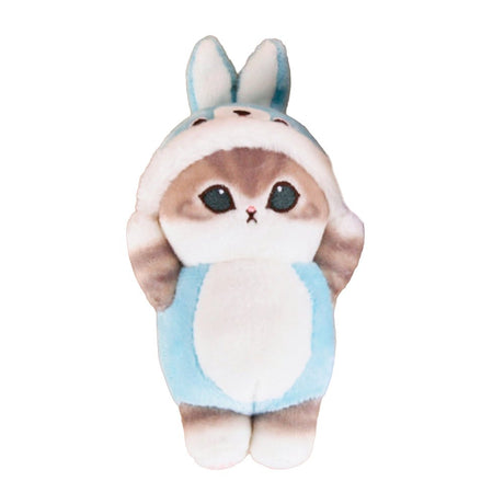 An officially licensed Mofusand plush cat keychain featuring a grey cat with big green eyes wearing a light blue animal hood.