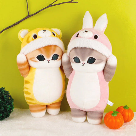 An officially licensed collection of Mofusand big plush toys wearing animal costumes with its paws raised over its head