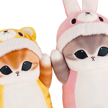 An officially licensed collection of Mofusand big plush toys wearing animal costumes with its paws raised over its head
