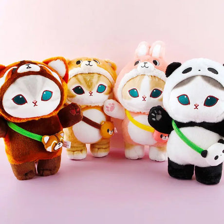 An officially licensed collection of four Mofusand plushies featuring animal costumes and a small matching plush bags