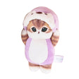 An officially licensed Mofusand plush cat keychain featuring a brown cat with big green eyes wearing a light purple animal hood.
