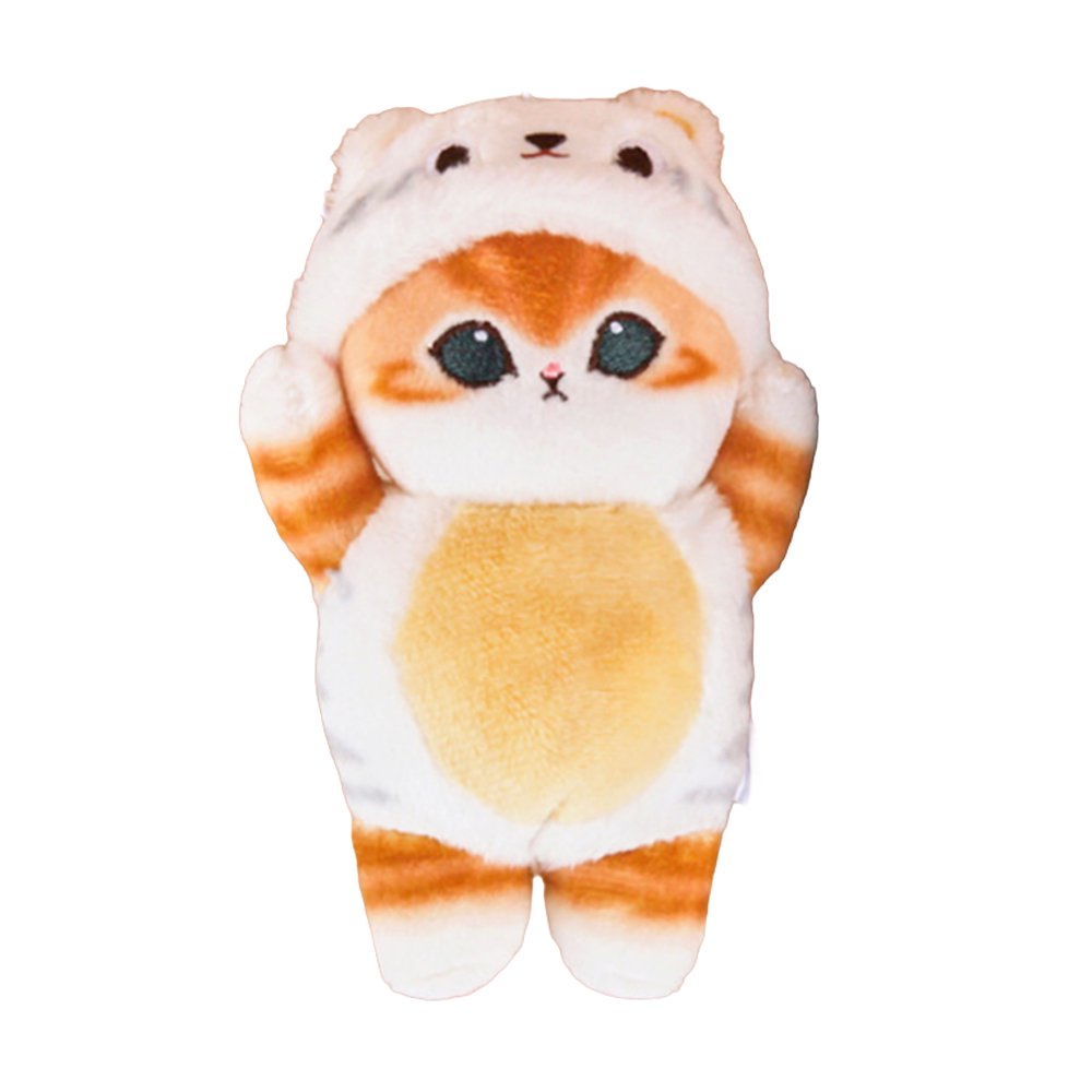 An officially licensed Mofusand plush cat keychain featuring a orange cat with big green eyes wearing a white and grey animal hood.
