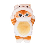 An officially licensed Mofusand plush cat keychain featuring a orange cat with big green eyes wearing a white and grey animal hood.
