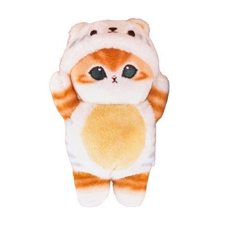 An officially licensed Mofusand plush cat keychain featuring a orange cat with big green eyes wearing a white and grey animal hood.
