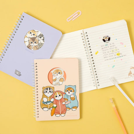 Officially licensed Mofusand spiral notebooks with die-cut peek-a-boo window covers displaying adorable kitten art