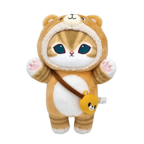 An officially licensed Mofusand plush featuring a brown tabby cat wearing a brown bear costume and a small bear-shaped bag