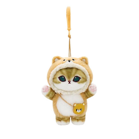 Officially licensed Mofusand plush keychain featuring a cute tabby cat wearing a fluffy brown bear hoodie and a small bear-shaped crossbody bag. Easy to attach to keys, totes, pants or backpacks with a clip-on chain.
