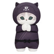 Officially licensed white and grey cat plush wearing a black ninja outfit with a white kanji symbol on the hood
