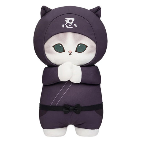 Officially licensed white and grey cat plush wearing a black ninja outfit with a white kanji symbol on the hood