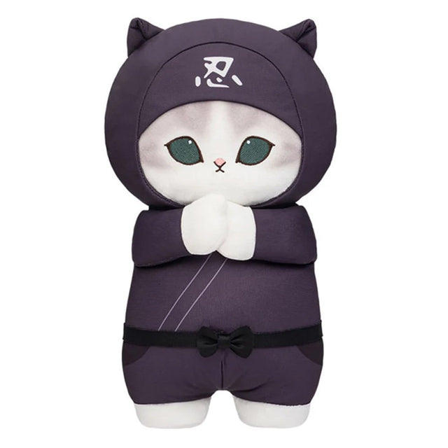 Officially licensed white and grey cat plush wearing a black ninja outfit with a white kanji symbol on the hood