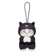 An officially licensed Mofusand Ninja Plush Keychain featuring a white/grey cat in a black ninja outfit and hood with white kanji, featuring closed eyes in a meditating pose