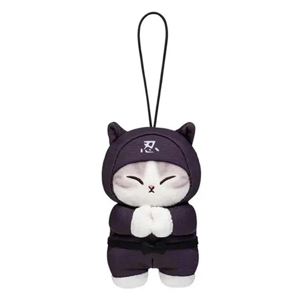 An officially licensed Mofusand Ninja Plush Keychain featuring a white/grey cat in a black ninja outfit and hood with white kanji, featuring closed eyes in a meditating pose
