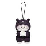 An officially licensed Mofusand Ninja Plush Keychain featuring a white/grey cat in a black ninja outfit and hood with white kanji, featuring closed eyes in a meditating pose