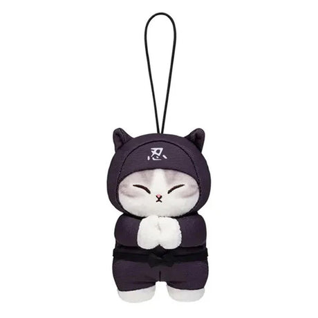 An officially licensed Mofusand Ninja Plush Keychain featuring a white/grey cat in a black ninja outfit and hood with white kanji, featuring closed eyes in a meditating pose
