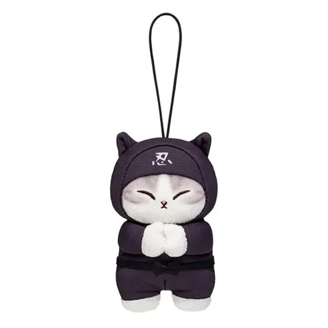 An officially licensed Mofusand Ninja Plush Keychain featuring a white/grey cat in a black ninja outfit and hood with white kanji, featuring closed eyes in a meditating pose