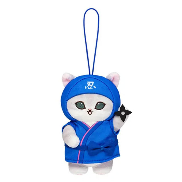 An officially licensed Mofusand Ninja Plush Keychain featuring a white/grey cat in a blue ninja outfit and hood with a kanji symbol, holding a black shuriken star