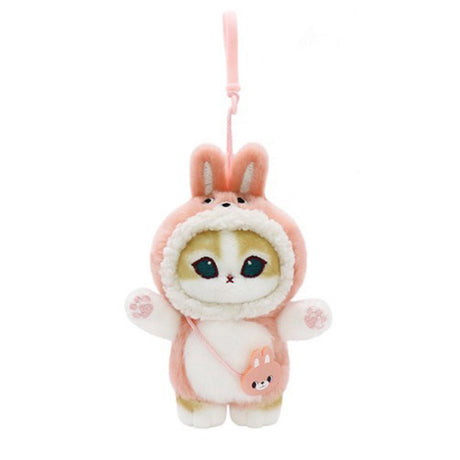 Officially licensed Mofusand plush keychain featuring a cute tabby cat wearing a fluffy pink bunny hoodie and a small bunny-shaped crossbody bag. Easy to attach to keys, totes, pants or backpacks with a clip-on chain.